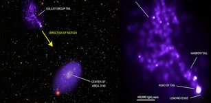 This new image shows one way: the capture of galaxies as they are drawn in by the extraordinarily powerful gravity of a galaxy cluster. In the left panel, a wide-field view of the cluster, called Abell 2142, is seen. Abell 2142 contains hundreds of galaxies embedded in multi-million-degree gas detected by Chandra (purple). The center of the galaxy cluster is located in the middle of the purple emission, in the lower part of the image. Only the densest hot gas is shown here, implying that less dense gas farther away from the middle of the cluster is not depicted in the purple emission. Image credit: X-ray: NASA/CXC/Univ. of Geneva, D. Eckert. Optical: SDSS provided by CDS through Aladin.
