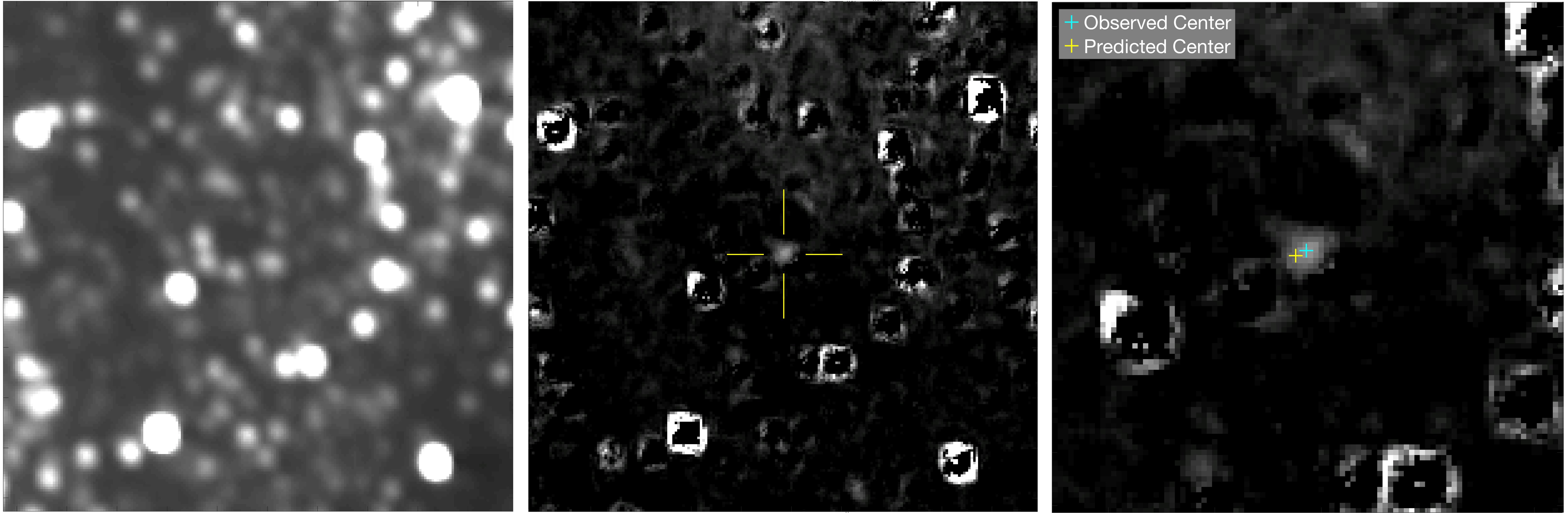 At left, a composite optical navigation image, produced by combining 20 images from the New Horizons Long Range Reconnaissance Imager (LORRI) acquired on Sept. 24. The center photo is a composite optical navigation image of Ultima Thule after subtracting the background star field; star field subtraction is an important component of optical navigation image processing since it isolates Ultima from nearby stars. At right is a magnified view of the star-subtracted image, showing the close proximity and relative agreement between the observed and predicted locations of Ultima. Credit: NASA/JHUAPL/SwRI/KinetX