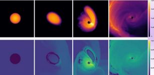 Supercomputer simulations show the evolution of a dormant white dwarf star reigniting as it whizzes around an intermediate-mass black hole. The top series of images show density, the bottom show temperature.