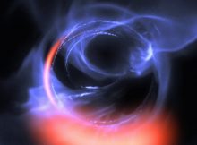 Incidents of turbulent gravity: This visualization is based on simulations of gas moving around the black hole in the centre of the galaxy in a circular orbit at approx. 30 percent of the speed of light. © ESO / Gravity Consortium / L. Calçada