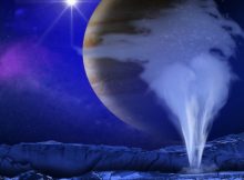 This is an artist's concept of a plume of water vapor thought to be ejected off the frigid, icy surface of the Jovian moon Europa. Image credit: NASA/ESA/K. Retherford/SWRI