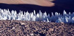These natural ice spikes, called penitentes – which are several feet tall – are located on a dry plain of Chile. Could similar features on a moon of Jupiter create landing hazards for a NASA mission? (Photo courtesy European Southern Observatory)