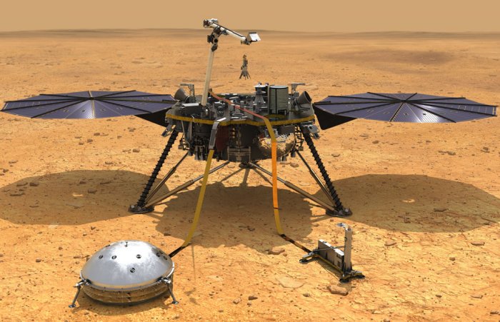 This artist's concept depicts NASA's InSight lander after it has deployed its instruments on the Martian surface. A version of the illustration depicts the smooth, flat ground that dominates InSight’s landing ellipse in the Elysium Planitia region of Mars. Credit NASA/JPL-Caltech