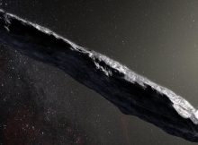 An artist's concept of interstellar asteroid 1I/2017 U1 ('Oumuamua) as it passed through the solar system after its discovery in October 2017. Observations of 'Oumuamua indicate that it must be very elongated because of its dramatic variations in brightness as it tumbled through space. Credits: European Southern Observatory / M. Kornmesser