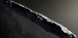 An artist's concept of interstellar asteroid 1I/2017 U1 ('Oumuamua) as it passed through the solar system after its discovery in October 2017. Observations of 'Oumuamua indicate that it must be very elongated because of its dramatic variations in brightness as it tumbled through space. Credits: European Southern Observatory / M. Kornmesser