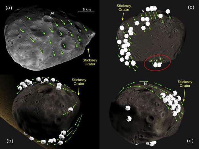 Computer models traced the possible paths of Stickney ejecta.