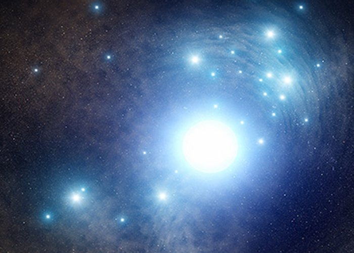 This is an artist’s concept of a blue supergiant star that once existed inside a cluster of young stars in the spiral galaxy NGC 3938, located 65 million light-years away. It exploded as a supernova in 2017, and Hubble Space Telescope archival photos were used to located the doomed progenitor star, as it looked in 2009. (Credit: NASA, ESA, and J. Olmsted, STScI)