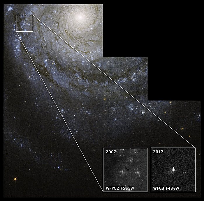This image shows the spiral galaxy NGC 3938, with insets showing Hubble images of the location of the supernova in 2007 and 2017. (Credit: NASA, ESA, STScI)