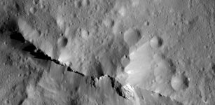 NASA's Dawn spacecraft captured this 12.5-mile-across close-up of the central peak of the 99-mile-wide Urvara impact crater on Ceres. The remarkable 6,500-foot central ridge is made from materials uplifted from depth, arising from terrains enriched with products of rock-water interactions, such as carbonates. Credit: NASA/JPL-Caltech/UCLA/MPS/DLR/IDA