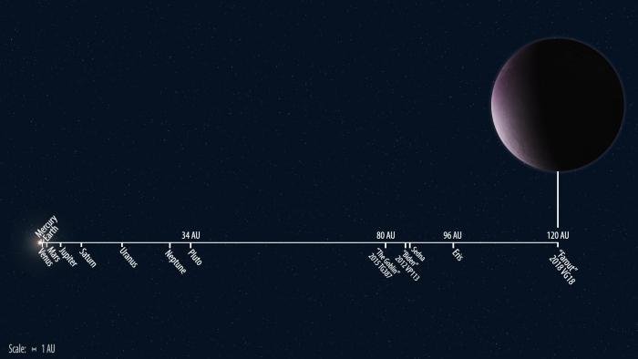 Solar System distances to scale showing the newly discovered 2018 VG18, nicknamed "Farout," compared to other known Solar System objects. Illustration by Roberto Molar Candanosa and Scott S. Sheppard is courtesy of the Carnegie Institution for Science.