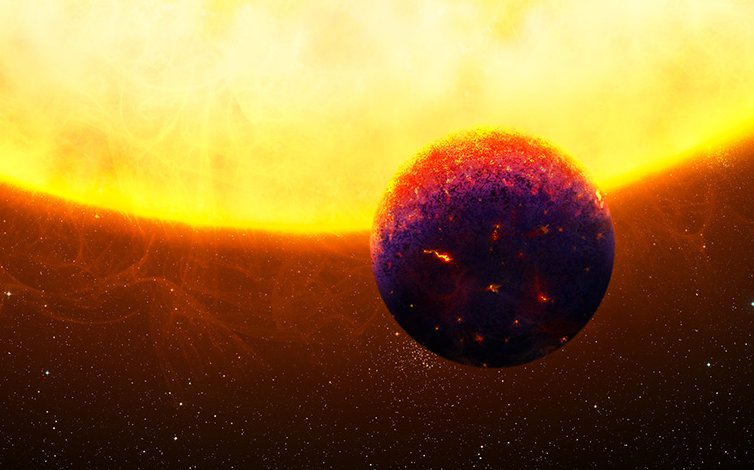 Illustration of one of the exotic super-Earth candidates, 55 Cnc e, which are rich in sapphires and rubies and might shimmer in blue and red colors. (Illustration: Thibaut Roger)