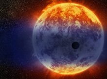 This artist’s illustration shows a giant cloud of hydrogen streaming off a warm, Neptune-sized planet just 97 light-years from Earth. The exoplanet is tiny compared to its star, a red dwarf named GJ 3470. The star’s intense radiation is heating the hydrogen in the planet’s upper atmosphere to a point where it escapes into space. The alien world is losing hydrogen at a rate 100 times faster than a previously observed warm Neptune whose atmosphere is also evaporating away. Credit: NASA, ESA, and D. Player (STScI