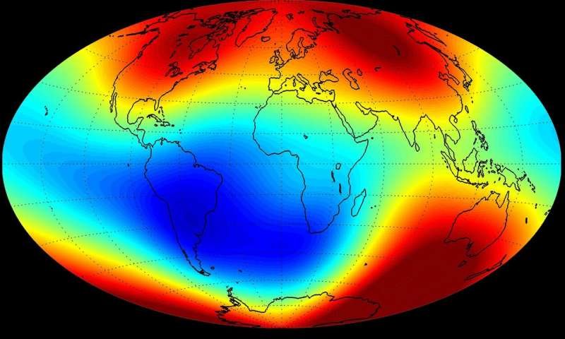 The Earth's magnetic field has been weakening over the South Atlantic (blue region). Image credit - ESA/DTU Space