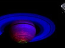 Cassini VIMS infrared view of Saturn. Blue is infrared light where water ice reflects relatively brightly. Red is longer wavelength thermal emission showing heat from deep inside the planet. Green is infrared wavelengths where aurora emit light. Above image upper right: Phoebe in visible light. Phoebe is very dark, like charcoal whereas the rings are very bright in visible light like slightly dirty snow. Phoebe is not to scale relative to Saturn. Credit: NASA, JPL, VIMS Team, ISS Team, U. Arizona, D. Machacek, U. Leicester