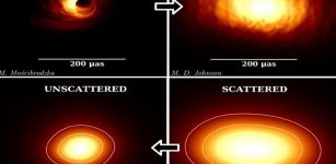 Top left: Simulation of Sgr A* at 86 GHz. Top right: Simulation with added effects of scattering. Bottom right: Scattered image from the observations, this is how we see Sgr A* on the sky. Bottom left: The unscattered image, after removing the effects of scattering along our line of sight, this is how Sgr A* really looks like. © S. Issaoun, M. Mościbrodzka, Radboud University/ M. D. Johnson, CfA