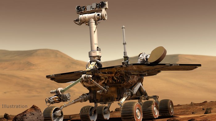 An artist's concept portrays a NASA Mars Exploration Rover on the surface of Mars. NASA/JPL/Cornell University