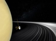 Artist’s concept of the Cassini orbiter crossing Saturn’s ring plane. Credit: NASA/JPL-Caltech image