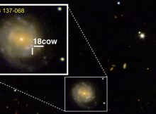 An image of supernova explosion AT2018cow and its host galaxy, CGCG 137-068, which is located some 200 million light years away. The image was obtained on 17 August 2018 using the DEep Imaging and Multi-Object Spectrograph (DEIMOS) on the W. M. Keck Observatory in Hawaii. The insert in the top left shows a zoom onto the galaxy, indicating the location of the supernova. Image credit: Copyright R. Margutti/W. M. Keck Observatory