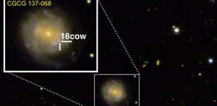 An image of supernova explosion AT2018cow and its host galaxy, CGCG 137-068, which is located some 200 million light years away. The image was obtained on 17 August 2018 using the DEep Imaging and Multi-Object Spectrograph (DEIMOS) on the W. M. Keck Observatory in Hawaii. The insert in the top left shows a zoom onto the galaxy, indicating the location of the supernova. Image credit: Copyright R. Margutti/W. M. Keck Observatory