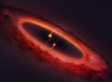 Artist's impression of a view of the double star system and surrounding disc. Credit: Copyright University of Warwick/Mark Garlick