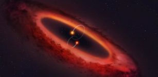 Artist's impression of a view of the double star system and surrounding disc. Credit: Copyright University of Warwick/Mark Garlick