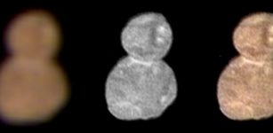 The first color image of Ultima Thule, taken at a distance of 85,000 miles (137,000 kilometers) at 4:08 Universal Time on January 1, 2019, highlights its reddish surface. At left is an enhanced color image taken by the Multispectral Visible Imaging Camera (MVIC), produced by combining the near infrared, red and blue channels. The center image taken by the Long-Range Reconnaissance Imager (LORRI) has a higher spatial resolution than MVIC by approximately a factor of five. At right, the color has been overlaid onto the LORRI image to show the color uniformity of the Ultima and Thule lobes. Note the reduced red coloring at the neck of the object. Credit: NASA/Johns Hopkins University Applied Physics Laboratory/Southwest Research Institute