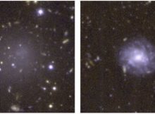 DGSAT I (left), an ultra-diffuse galaxy (UDG), is shown next to a normal spiral galaxy (right) for comparison. Both are similar in size, but UDGs like DGSAT I have so few stars, you can see right through them, to the galaxies in the background. Credit: A. ROMANOWSKY/UCO/D. MARTINEZ-DELGADO/ARI