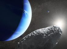An artist's concept of the tiny moon Hippocamp that was discovered by the Hubble Space Telescope in 2013. Only 20 miles across, it may actually be a broken-off fragment from a much larger neighboring moon, Proteus, seen as a crescent in the background. (Image courtesy of NASA, ESA, and J. Olmsted/STScI)
