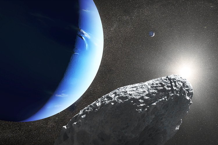 An artist's concept of the tiny moon Hippocamp that was discovered by the Hubble Space Telescope in 2013. Only 20 miles across, it may actually be a broken-off fragment from a much larger neighboring moon, Proteus, seen as a crescent in the background. (Image courtesy of NASA, ESA, and J. Olmsted/STScI)