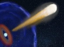 Artist’s impression of the jet of material launched after the merger of the two neutron stars. Image credit: Katharina Immer (JIVE)