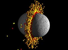 The figure shows one frame from the middle of a hydrodynamical simulation of a high-speed head-on collision between two 10 Earth-mass planets. The temperature range of the material is represented by four colors grey, orange, yellow and red, where grey is the coolest and red is the hottest. Such collisions eject a large amount of the silicate mantle material leaving a high-iron content, high-density remnant planet similar to the observed characteristics of Kepler-107c. Credit: Z. M. Leinhardt and T. Denman (Univ Bristol)