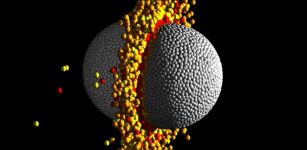 The figure shows one frame from the middle of a hydrodynamical simulation of a high-speed head-on collision between two 10 Earth-mass planets. The temperature range of the material is represented by four colors grey, orange, yellow and red, where grey is the coolest and red is the hottest. Such collisions eject a large amount of the silicate mantle material leaving a high-iron content, high-density remnant planet similar to the observed characteristics of Kepler-107c. Credit: Z. M. Leinhardt and T. Denman (Univ Bristol)