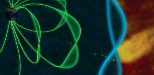 Artist rendition of a plasma jet impact (yellow) generating standing waves at the magnetopause boundary (blue) and in the magnetosphere (green). The outer group of four THEMIS probes witnessed the flapping of the magnetopause over each satellite in succession, confirming the expected behaviour/frequency of the theorised magnetopause eigenmode wave. (Credit: E. Masongsong/UCLA, M. Archer/QMUL, H. Hietala/UTU)