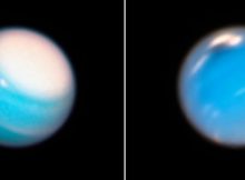 Mysterious dark storm on Neptune (right) and provided a fresh look at a long-lived storm circling around the north polar region on Uranus (left). Credits: NASA, ESA, A. Simon (NASA Goddard Space Flight Center), and M.H. Wong and A. Hsu (University of California, Berkeley)
