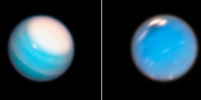 Mysterious dark storm on Neptune (right) and provided a fresh look at a long-lived storm circling around the north polar region on Uranus (left). Credits: NASA, ESA, A. Simon (NASA Goddard Space Flight Center), and M.H. Wong and A. Hsu (University of California, Berkeley)