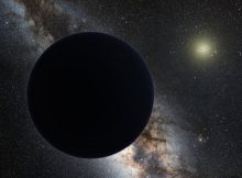Artist's impression of Planet Nine as an ice giant eclipsing the central Milky Way, with a star-like Sun in the distance.