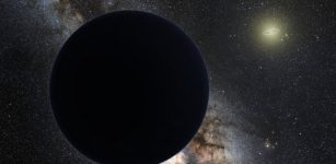 Artist's impression of Planet Nine as an ice giant eclipsing the central Milky Way, with a star-like Sun in the distance.