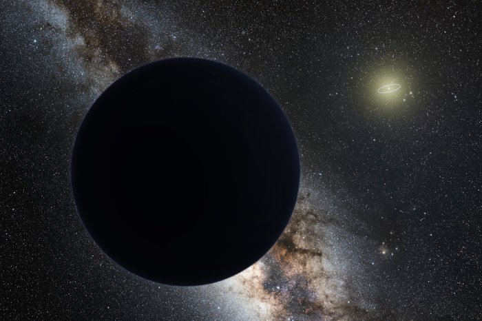 Artist's impression of Planet Nine as an ice giant eclipsing the central Milky Way, with a star-like Sun in the distance.