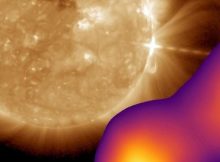 The Sun and a radio burst captured in September 2017 by a NOAA spacecraft and the LOFAR radio telescope. Credit: NOAA, LOFAR