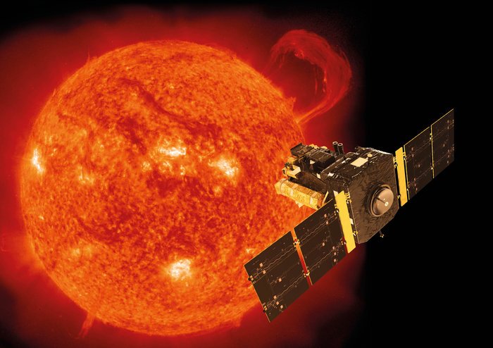 Artist’s impression of the ESA/NASA Solar and Heliospheric Observatory, SOHO, with the Sun as seen by the satellite’s extreme-ultraviolet imaging telescope on 14 September 1999. Spacecraft: ESA/ATG medialab; Sun: ESA/NASA SOHO
