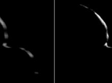New Horizons took this image of the Kuiper Belt object 2014 MU69 (nicknamed Ultima Thule) on Jan. 1, 2019, when the NASA spacecraft was 5,494 miles (8,862 kilometers) beyond it. The image to the left is an "average" of ten images taken by the Long Range Reconnaissance Imager (LORRI); the crescent is blurred in the raw frames because a relatively long exposure time was used during this rapid scan to boost the camera’s si'gnal level. Mission scientists have been able to process the image, removing the motion blur to produce a sharper, brighter view of Ultima Thule's thin crescent. Credit: NASA/Johns Hopkins Applied Physics Laboratory/Southwest Research Institute/National Optical Astronomy Observatory