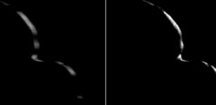 New Horizons took this image of the Kuiper Belt object 2014 MU69 (nicknamed Ultima Thule) on Jan. 1, 2019, when the NASA spacecraft was 5,494 miles (8,862 kilometers) beyond it. The image to the left is an "average" of ten images taken by the Long Range Reconnaissance Imager (LORRI); the crescent is blurred in the raw frames because a relatively long exposure time was used during this rapid scan to boost the camera’s si'gnal level. Mission scientists have been able to process the image, removing the motion blur to produce a sharper, brighter view of Ultima Thule's thin crescent. Credit: NASA/Johns Hopkins Applied Physics Laboratory/Southwest Research Institute/National Optical Astronomy Observatory