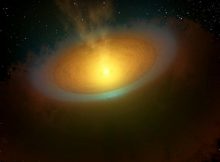 This artist's concept illustrates an icy planet-forming disk around a young star called TW Hydrae, located about 175 light-years away in the Hydra, or Sea Serpent, constellation