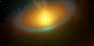 This artist's concept illustrates an icy planet-forming disk around a young star called TW Hydrae, located about 175 light-years away in the Hydra, or Sea Serpent, constellation