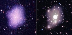 Astronomers observed that the dark matter does not seem to clump very much in small galaxies, but their density peaks sharply in bigger systems such as clusters of galaxies. It has been a puzzle why different systems behave differently. Credit: Kavli IPMU - Kavli IPMU modified this figure based on the image credited by NASA, STScI