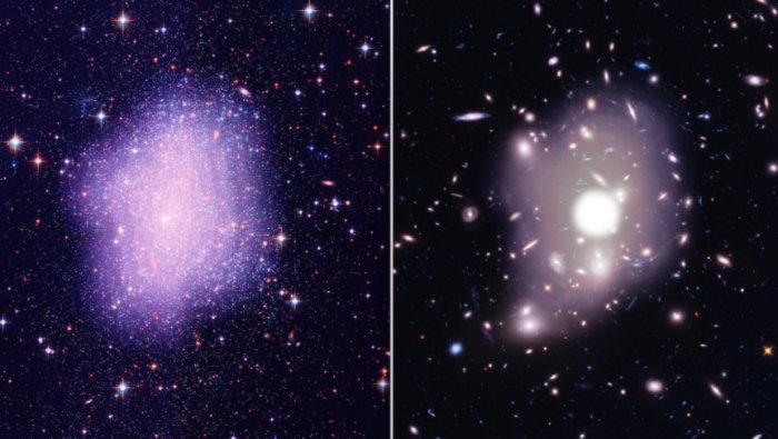 Astronomers observed that the dark matter does not seem to clump very much in small galaxies, but their density peaks sharply in bigger systems such as clusters of galaxies. It has been a puzzle why different systems behave differently. Credit: Kavli IPMU - Kavli IPMU modified this figure based on the image credited by NASA, STScI