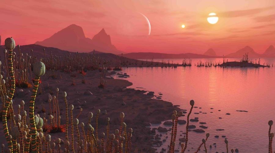 Artist’s impression of life on a planet in orbit around a binary star system, visible as two suns in the sky. Credit: Mark Garlick