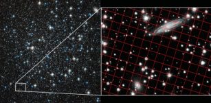 On the left is a Hubble Space Telescope image of a portion of the globular star cluster NGC 5466. On the right, Hubble images taken ten years apart were compared to clock the cluster's velocity. A grid in the background helps to illustrate the stellar motion in the foreground cluster (located 52,000 light-years away). Notice that background galaxies (top right of center, bottom left of center) do not appear to move because they are so much farther away, many millions of light-years. Credits: NASA, ESA and S.T. Sohn and J. DePasquale (STScI)