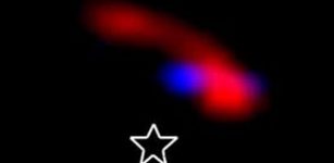 LKCA 15 An expanded view of the central part of the cleared region around LkCa 15, showing a composite of two reconstructed images (blue: 2.1 microns, from November 2010; red: 3.7 microns) for LkCa 15. The location of the central star is also marked. CREDIT: KRAUS & IRELAND, 2011
