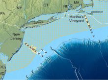 Scientists have mapped a huge aquifer off the US Northeast (hatched area). Solid yellow or white lines with triangles show ship tracks. Dotted white line near shore shows edge of the glacial ice sheet that melted about 15,000 years ago. Further out, dark blue, the continental shelf drops off into the Atlantic abyss. Credit: Gustafson et al., Scientific Reports, 2019